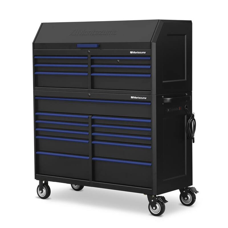 Montezuma 56 pulg. de ancho x 24 pulg. de profundidad 17 cajones Gabinetes de herramientas y combo con salidas de poder y USB en negro y azul - M5624COMBO
