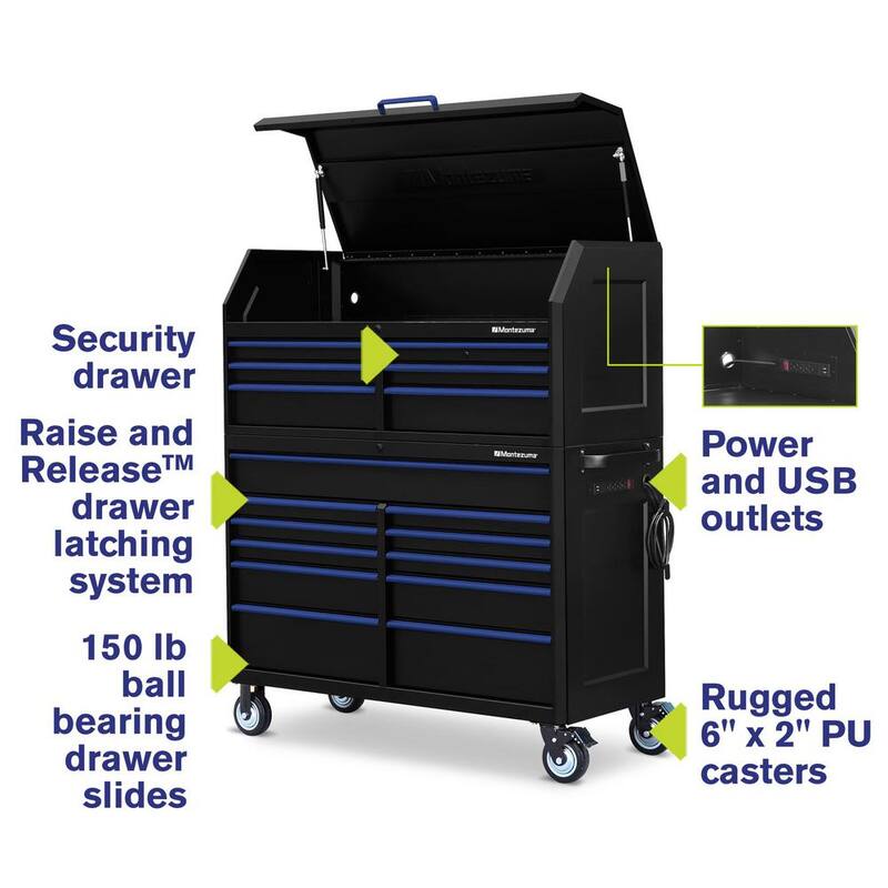 Montezuma 56 pulg. de ancho x 24 pulg. de profundidad 17 cajones Gabinetes de herramientas y combo con salidas de poder y USB en negro y azul - M5624COMBO