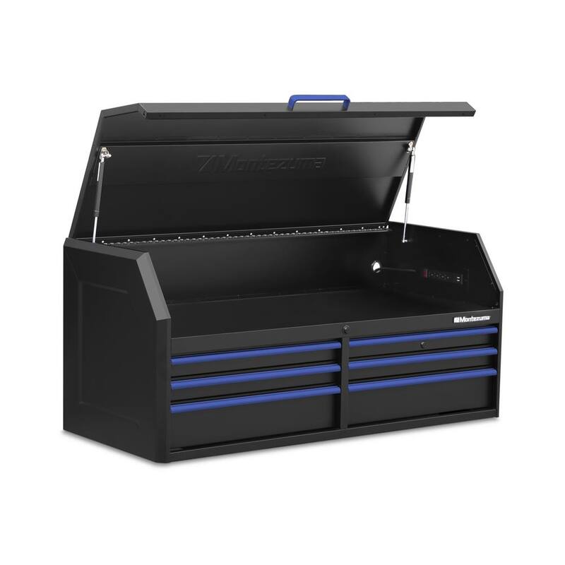 Montezuma 56 pulg. de ancho x 24 pulg. de profundidad 17 cajones Gabinetes de herramientas y combo con salidas de poder y USB en negro y azul - M5624COMBO