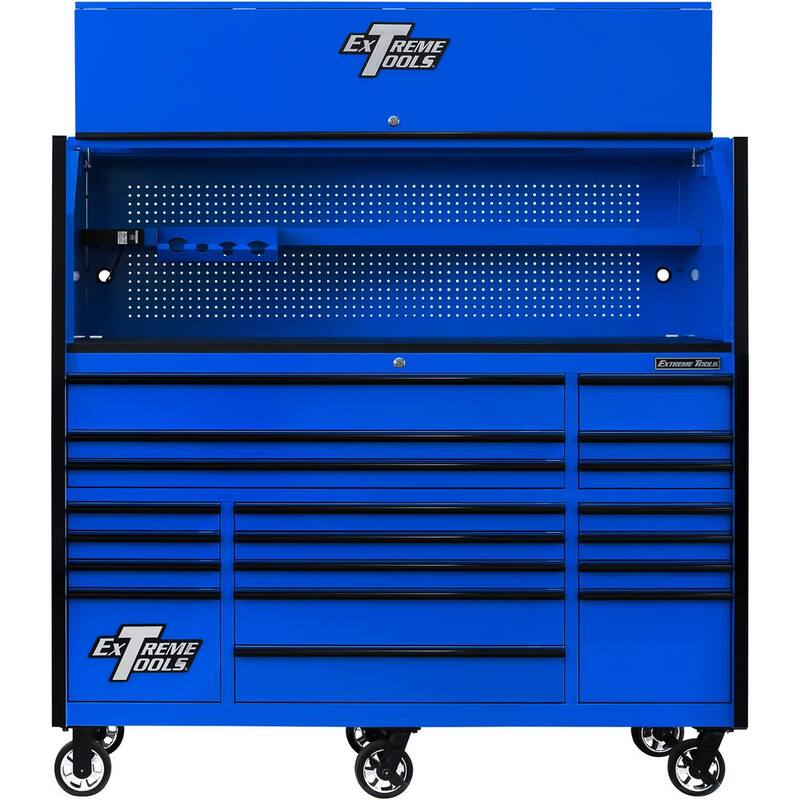 Serie RX de herramientas extremas, combo de gabinete superior de 72 pulgadas de ancho por 25 pulgadas de profundidad y gabinete de rodillos de 19 cajones en azul con jaladeras negras - RX7220HRUK