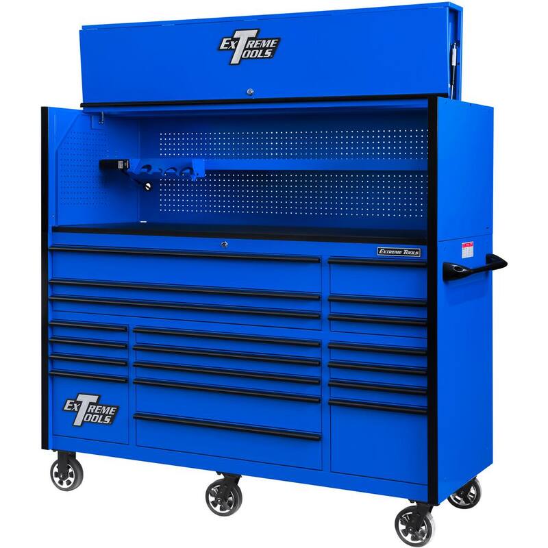 Serie RX de herramientas extremas, combo de gabinete superior de 72 pulgadas de ancho por 25 pulgadas de profundidad y gabinete de rodillos de 19 cajones en azul con jaladeras negras - RX7220HRUK