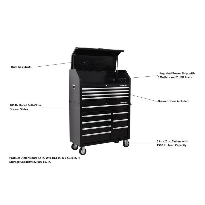 Almacenamiento de herramientas Husky 42 pulgadas de ancho x 18 pulgadas de profundidad, combo de cofre de herramientas negro de deber estándar - H42CH4TR8BLK