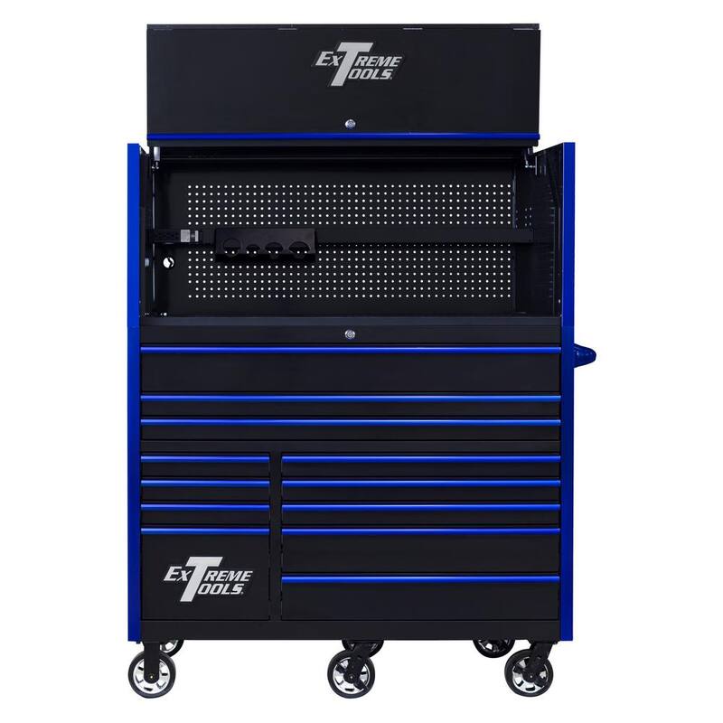 Serie RX de herramientas Extreme, 55 pulgadas. Combinación de gabinete de rodillos de 12 cajones para estación de trabajo de potencia extrema, 150 lbs. Capacidad de deslizamiento, manijas negras y azules Dr Pulls - RX5513HRKU