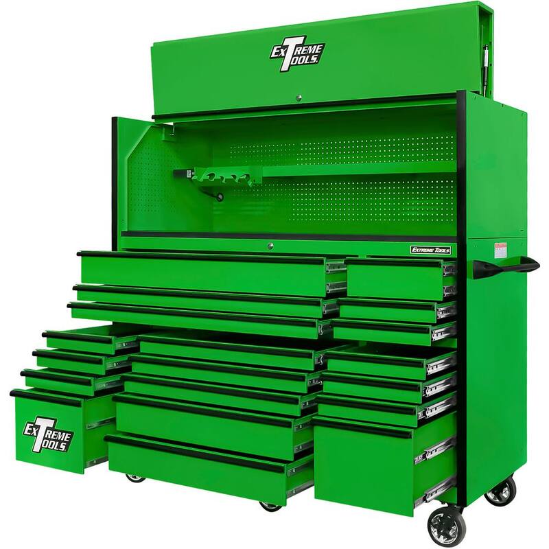 Herramientas Extremas Serie RX Profesional 72 pulg. W x 25 pulg. D Gabinete superior y combinación de gabinete de rodillos de 19 cajones en verde con jaladores de cajón negro - RX7220HRGK