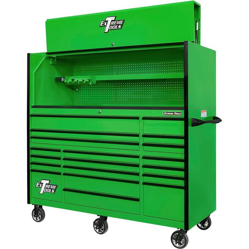 Herramientas Extremas Serie RX Profesional 72 pulg. W x 25 pulg. D Gabinete superior y combinación de gabinete de rodillos de 19 cajones en verde con jaladores de cajón negro - RX7220HRGK