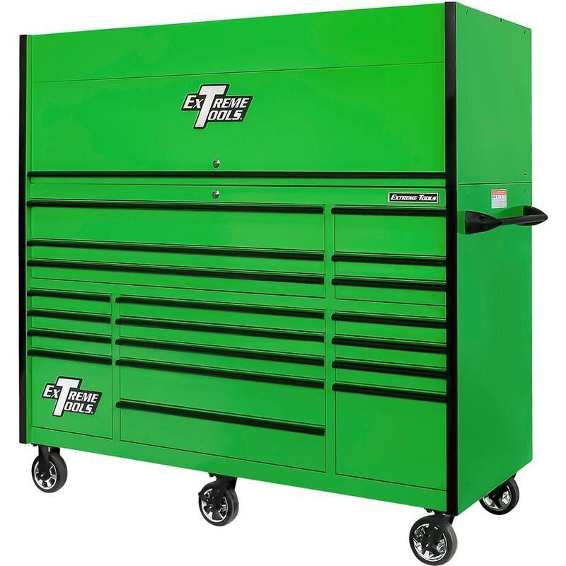 Herramientas Extremas Serie RX Profesional 72 pulg. W x 25 pulg. D Gabinete superior y combinación de gabinete de rodillos de 19 cajones en verde con jaladores de cajón negro - RX7220HRGK