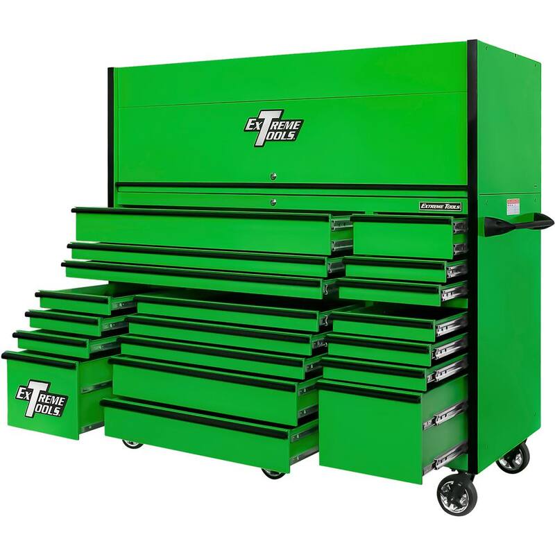 Herramientas Extremas Serie RX Profesional 72 pulg. W x 25 pulg. D Gabinete superior y combinación de gabinete de rodillos de 19 cajones en verde con jaladores de cajón negro - RX7220HRGK