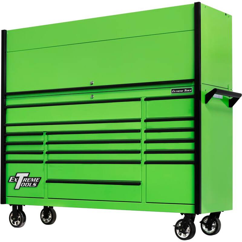 Herramientas Extreme Serie DX 72 pulgadas. Combo de gabinete profesional con hutch y gavetas de 17 cajones, 100 libras. Capacidad de deslizamiento, verde con jaladeras negras - DX7218HRGK