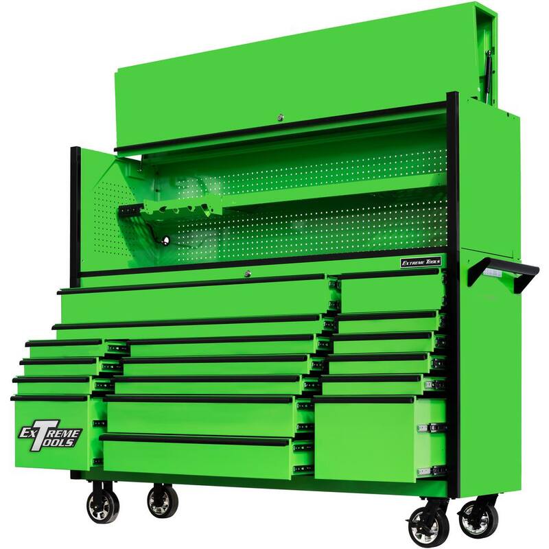 Herramientas Extreme Serie DX 72 pulgadas. Combo de gabinete profesional con hutch y gavetas de 17 cajones, 100 libras. Capacidad de deslizamiento, verde con jaladeras negras - DX7218HRGK
