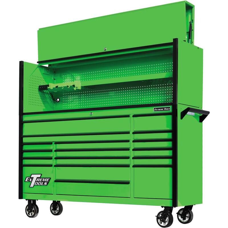 Herramientas Extreme Serie DX 72 pulgadas. Combo de gabinete profesional con hutch y gavetas de 17 cajones, 100 libras. Capacidad de deslizamiento, verde con jaladeras negras - DX7218HRGK