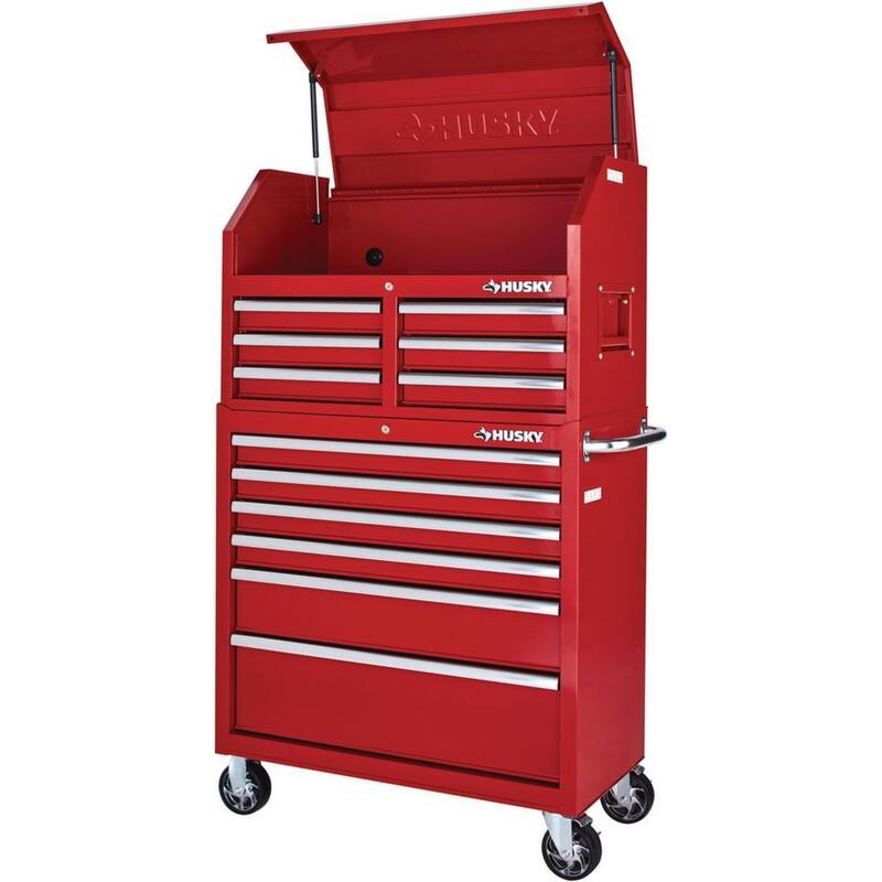 Husky 36 pulgadas de ancho x 18 pulgadas de profundidad 12 cajones Brillo Rojo Cofre y Gabinete Rodante de Herramientas Combo - UACT-H-360121