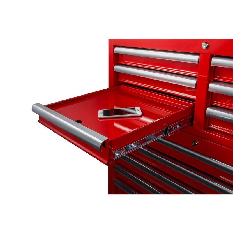 Husky 36 pulgadas de ancho x 18 pulgadas de profundidad 12 cajones Brillo Rojo Cofre y Gabinete Rodante de Herramientas Combo - UACT-H-360121