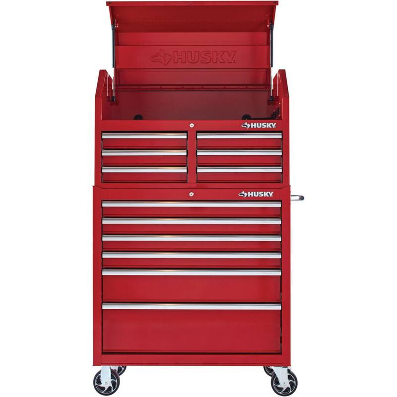 Husky 36 pulgadas de ancho x 18 pulgadas de profundidad 12 cajones Brillo Rojo Cofre y Gabinete Rodante de Herramientas Combo - UACT-H-360121