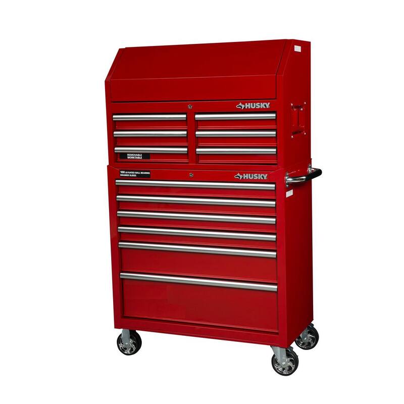 Husky 36 pulgadas de ancho x 18 pulgadas de profundidad 12 cajones Brillo Rojo Cofre y Gabinete Rodante de Herramientas Combo - UACT-H-360121