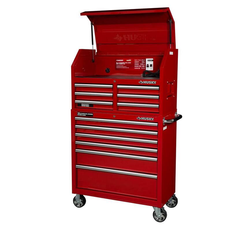 Husky 36 pulgadas de ancho x 18 pulgadas de profundidad 12 cajones Brillo Rojo Cofre y Gabinete Rodante de Herramientas Combo - UACT-H-360121