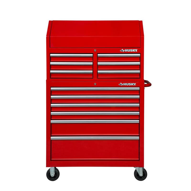 Husky 36 pulgadas de ancho x 18 pulgadas de profundidad 12 cajones Brillo Rojo Cofre y Gabinete Rodante de Herramientas Combo - UACT-H-360121