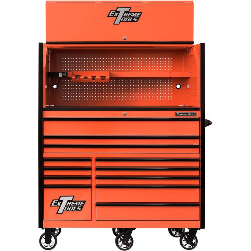 Herramientas Extremas RX Profesional 55 pulgadas de ancho x 25 pulgadas de profundidad 12-Cajón Gabinete Rodante y Combinación de Top Hutch en Naranja con Jaladeras Negras - RX5513HROK