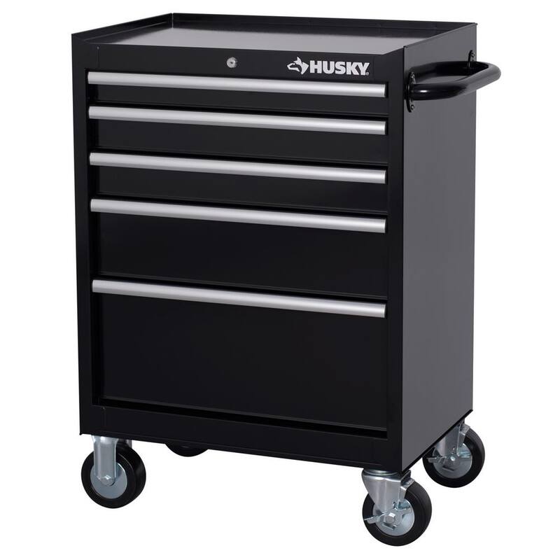 Almacenamiento de herramientas Husky 27 pulgadas de ancho x 18 pulgadas de profundidad con 5 cajones, gabinete de herramientas rodante en color negro brillante - H27TR5BLK