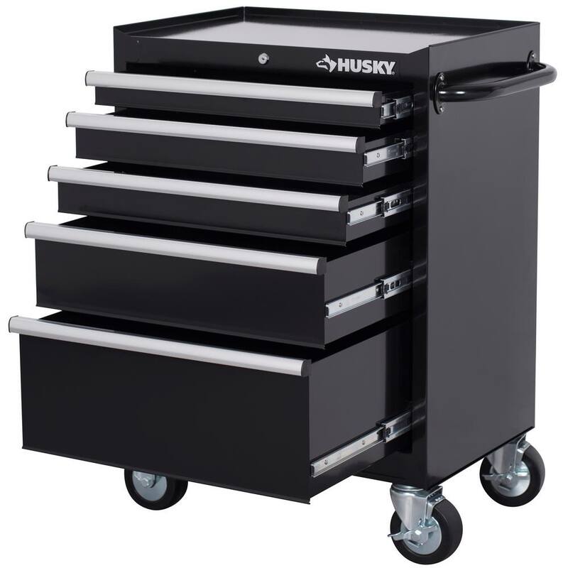 Almacenamiento de herramientas Husky 27 pulgadas de ancho x 18 pulgadas de profundidad con 5 cajones, gabinete de herramientas rodante en color negro brillante - H27TR5BLK