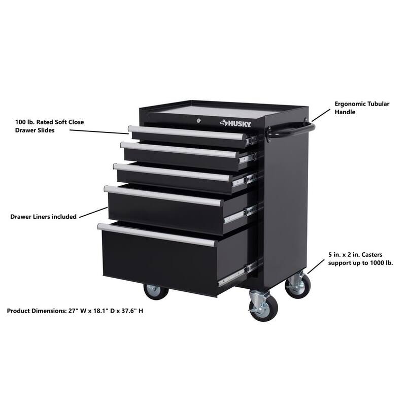 Almacenamiento de herramientas Husky 27 pulgadas de ancho x 18 pulgadas de profundidad con 5 cajones, gabinete de herramientas rodante en color negro brillante - H27TR5BLK