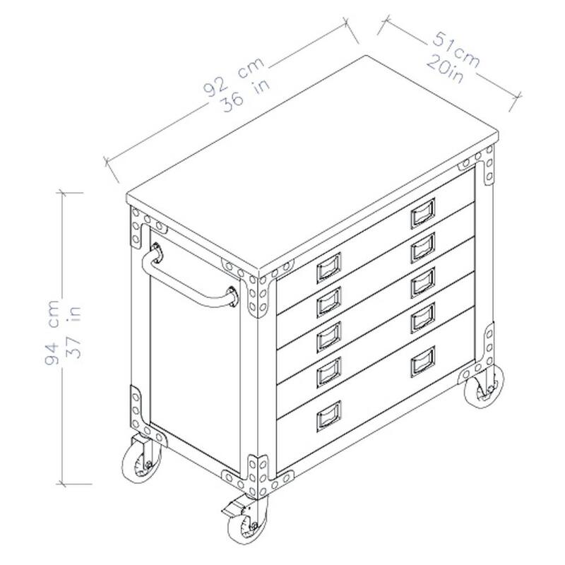 Gabinete rodante de cajones con cubierta de madera de 5 cajones de 36 pulgadas de ancho por 20 pulgadas de profundidad - 68006