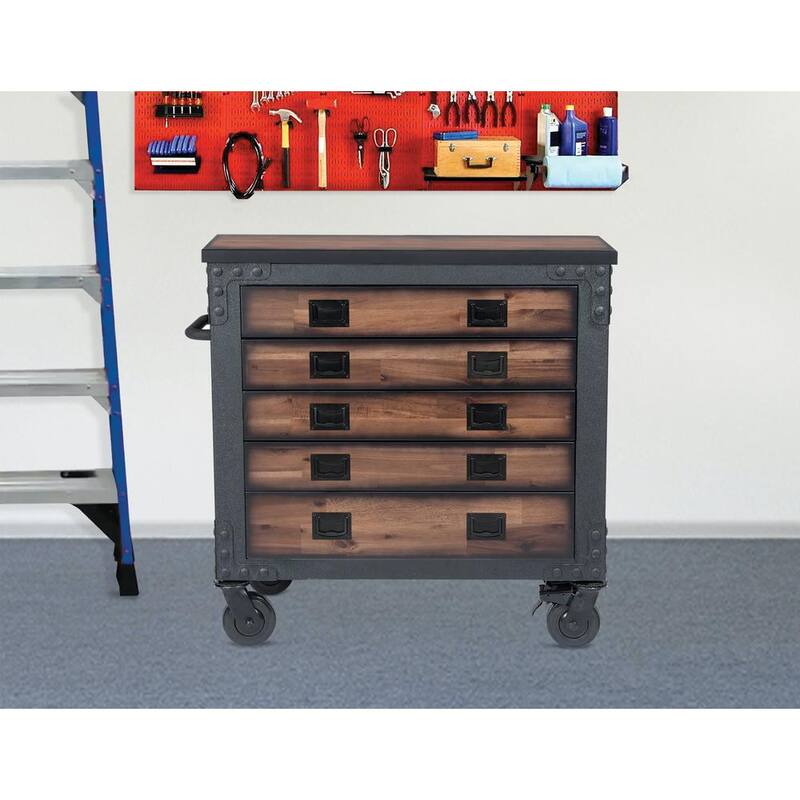 Gabinete rodante de cajones con cubierta de madera de 5 cajones de 36 pulgadas de ancho por 20 pulgadas de profundidad - 68006