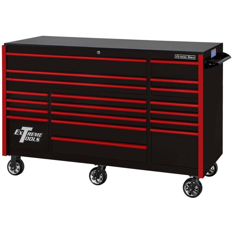 Caja de herramientas con gabinetes de ruedas de 19 cajones de la serie RX Extreme Tools de 72 pulgadas de ancho por 25 pulgadas de profundidad en negro con mangos rojos - RX722519RCBKRD-X