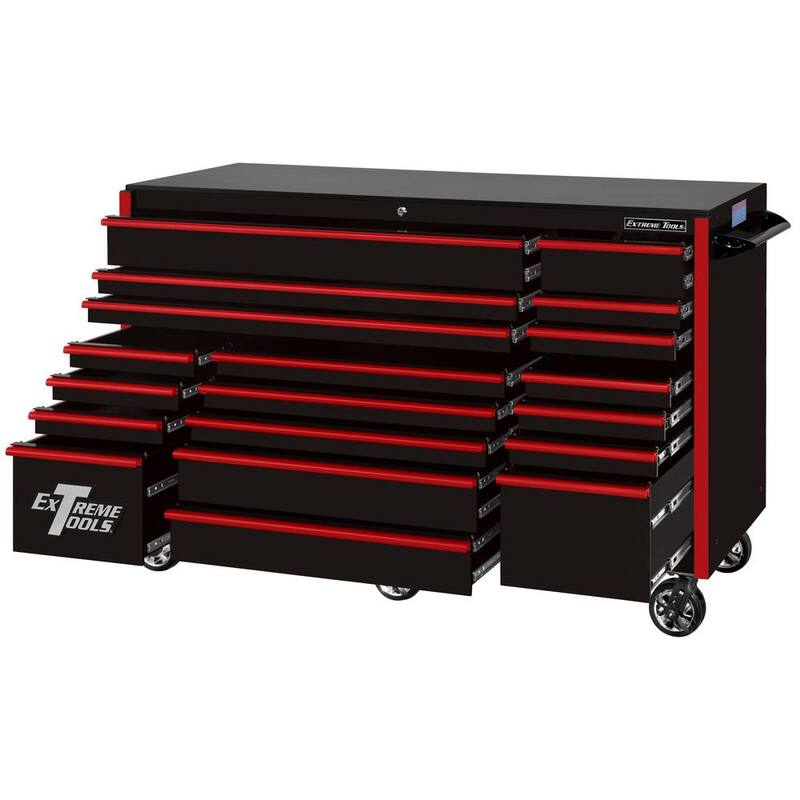 Caja de herramientas con gabinetes de ruedas de 19 cajones de la serie RX Extreme Tools de 72 pulgadas de ancho por 25 pulgadas de profundidad en negro con mangos rojos - RX722519RCBKRD-X