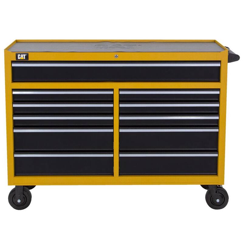 Gabinete de herramientas rodante CAT Heavy Duty de acero galvanizado de calibre 16 con sistema de bloqueo con llave - CT1CYR, 52 pulgadas de ancho x 18 pulgadas de profundidad y 11 cajones amarillos.