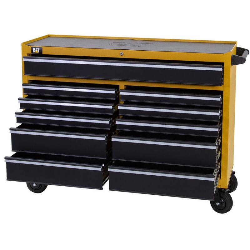 Gabinete de herramientas rodante CAT Heavy Duty de acero galvanizado de calibre 16 con sistema de bloqueo con llave - CT1CYR, 52 pulgadas de ancho x 18 pulgadas de profundidad y 11 cajones amarillos.