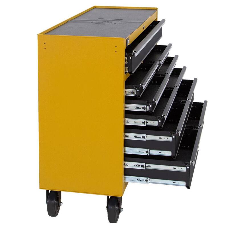Gabinete de herramientas rodante CAT Heavy Duty de acero galvanizado de calibre 16 con sistema de bloqueo con llave - CT1CYR, 52 pulgadas de ancho x 18 pulgadas de profundidad y 11 cajones amarillos.