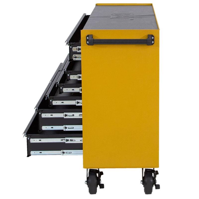 Gabinete de herramientas rodante CAT Heavy Duty de acero galvanizado de calibre 16 con sistema de bloqueo con llave - CT1CYR, 52 pulgadas de ancho x 18 pulgadas de profundidad y 11 cajones amarillos.