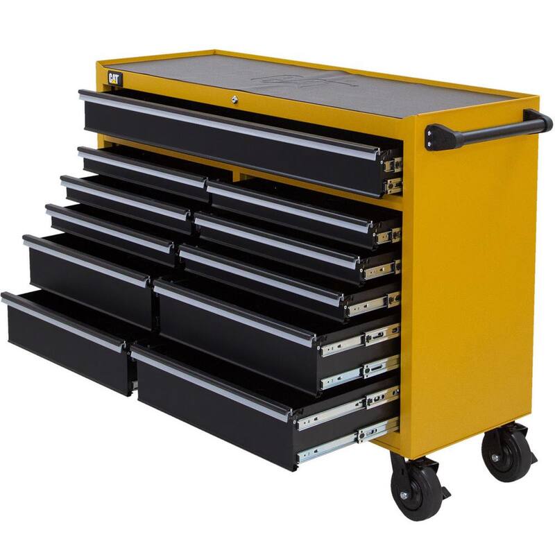 Gabinete de herramientas rodante CAT Heavy Duty de acero galvanizado de calibre 16 con sistema de bloqueo con llave - CT1CYR, 52 pulgadas de ancho x 18 pulgadas de profundidad y 11 cajones amarillos.