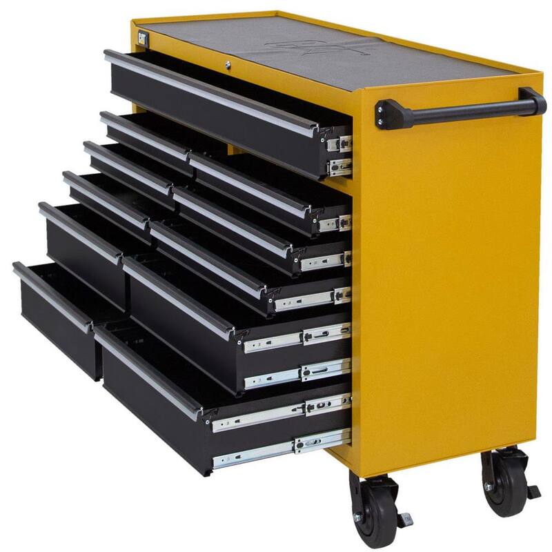 Gabinete de herramientas rodante CAT Heavy Duty de acero galvanizado de calibre 16 con sistema de bloqueo con llave - CT1CYR, 52 pulgadas de ancho x 18 pulgadas de profundidad y 11 cajones amarillos.
