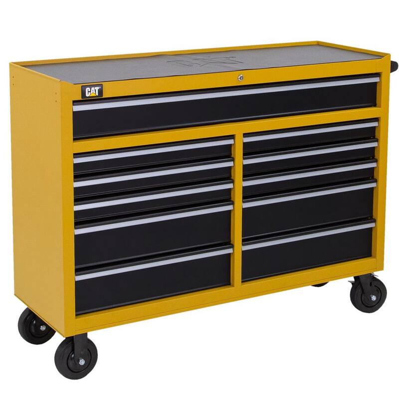 Gabinete de herramientas rodante CAT Heavy Duty de acero galvanizado de calibre 16 con sistema de bloqueo con llave - CT1CYR, 52 pulgadas de ancho x 18 pulgadas de profundidad y 11 cajones amarillos.