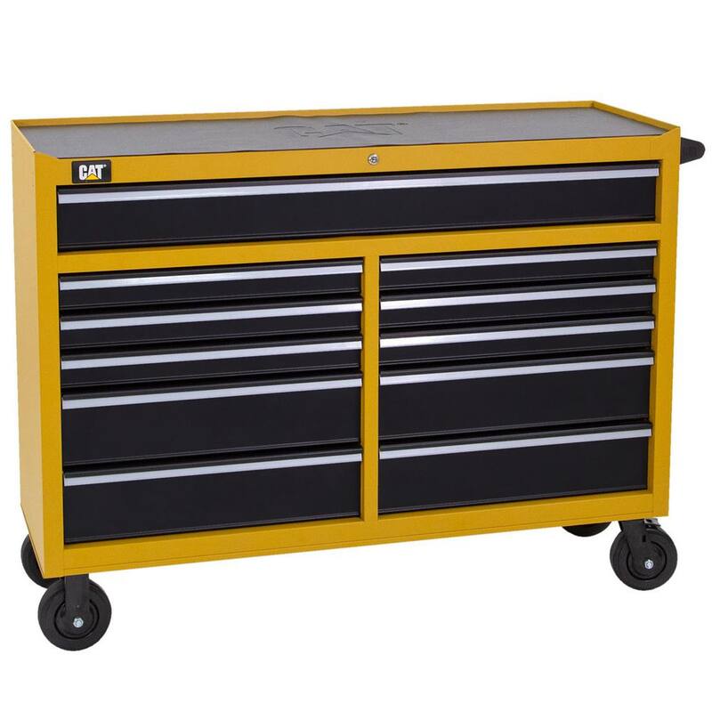 Gabinete de herramientas rodante CAT Heavy Duty de acero galvanizado de calibre 16 con sistema de bloqueo con llave - CT1CYR, 52 pulgadas de ancho x 18 pulgadas de profundidad y 11 cajones amarillos.