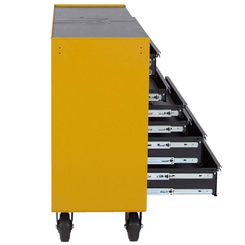 Gabinete de herramientas rodante CAT Heavy Duty de acero galvanizado de calibre 16 con sistema de bloqueo con llave - CT1CYR, 52 pulgadas de ancho x 18 pulgadas de profundidad y 11 cajones amarillos.