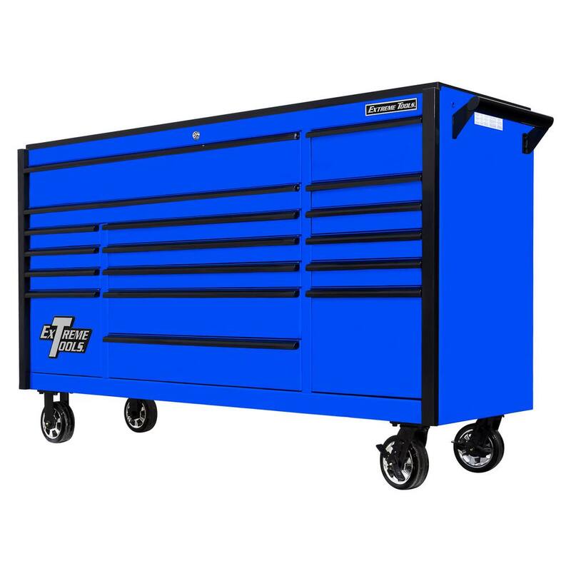 Herramienta de gabinete rodante con 17 cajones de la serie DX de Extreme Tools de 72 pulgadas de ancho x 21 pulgadas de profundidad en azul con ruedas Mag y tiradores de cajón negros - DX722117RCBLBK
