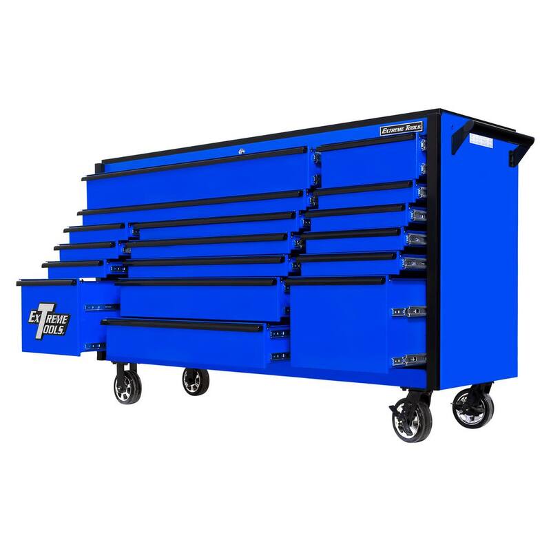 Herramienta de gabinete rodante con 17 cajones de la serie DX de Extreme Tools de 72 pulgadas de ancho x 21 pulgadas de profundidad en azul con ruedas Mag y tiradores de cajón negros - DX722117RCBLBK
