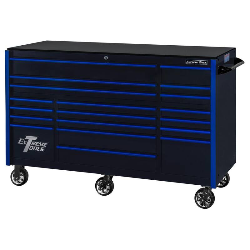 Caja de herramientas con gabinete de ruedas de 19 cajones de la serie RX de Extreme Tools de 72 pulgadas de ancho por 25 pulgadas de profundidad en negro con mangos azules - RX722519RCBKBU-X