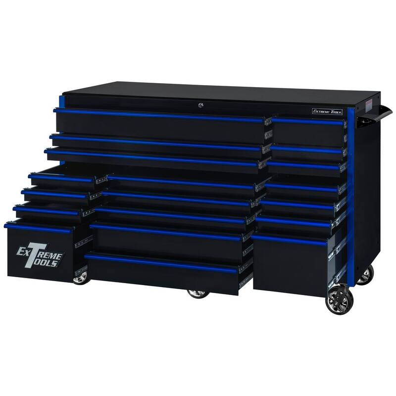 Caja de herramientas con gabinete de ruedas de 19 cajones de la serie RX de Extreme Tools de 72 pulgadas de ancho por 25 pulgadas de profundidad en negro con mangos azules - RX722519RCBKBU-X