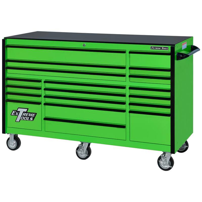 Serie RX de Extreme Tools Caja de herramientas con gabinete rodante de 72 pulgadas de ancho x 25 pulgadas de fondo con 19 cajones en verde con manijas negras - RX722519RCGNBK-X