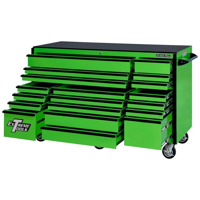 Serie RX de Extreme Tools Caja de herramientas con gabinete rodante de 72 pulgadas de ancho x 25 pulgadas de fondo con 19 cajones en verde con manijas negras - RX722519RCGNBK-X