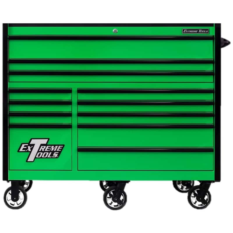 Caja de herramientas con gabinete de rodillos de 12 cajones de 55 pulgadas de ancho por 25 pulgadas de profundidad en verde con manijas negras brillantes y detalles en negro brillante - RX552512RCGNBKX.