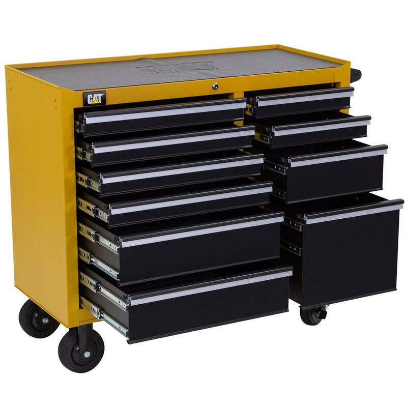 Gabinete para herramientas rodante CAT de acero calibre 16 amarillo de 41 pulgadas de ancho x 18 pulgadas de profundidad con sistema de cerradura con llave de 10 gavetas resistente. - CT1BYR