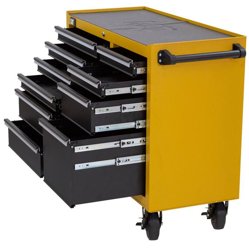 Gabinete para herramientas rodante CAT de acero calibre 16 amarillo de 41 pulgadas de ancho x 18 pulgadas de profundidad con sistema de cerradura con llave de 10 gavetas resistente. - CT1BYR