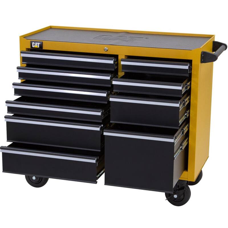 Gabinete para herramientas rodante CAT de acero calibre 16 amarillo de 41 pulgadas de ancho x 18 pulgadas de profundidad con sistema de cerradura con llave de 10 gavetas resistente. - CT1BYR