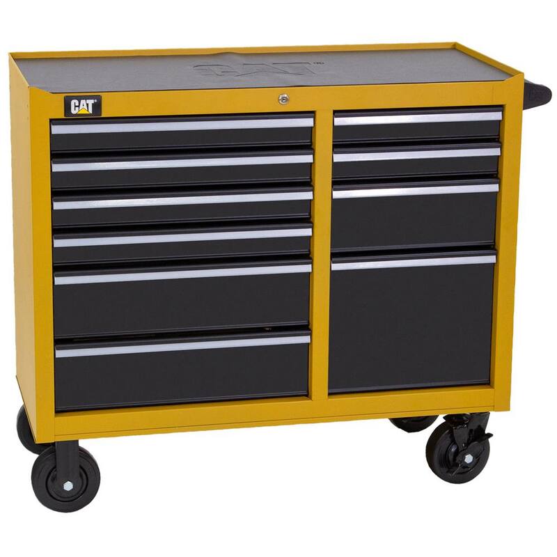 Gabinete para herramientas rodante CAT de acero calibre 16 amarillo de 41 pulgadas de ancho x 18 pulgadas de profundidad con sistema de cerradura con llave de 10 gavetas resistente. - CT1BYR