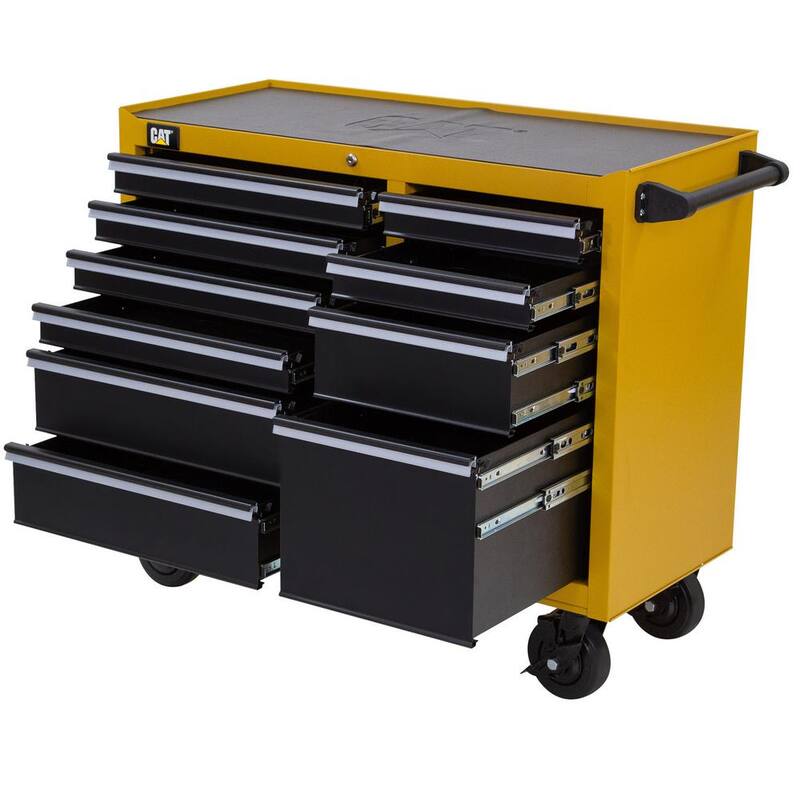 Gabinete para herramientas rodante CAT de acero calibre 16 amarillo de 41 pulgadas de ancho x 18 pulgadas de profundidad con sistema de cerradura con llave de 10 gavetas resistente. - CT1BYR
