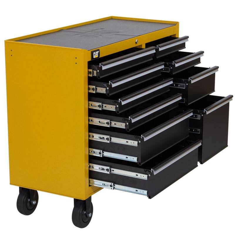 Gabinete para herramientas rodante CAT de acero calibre 16 amarillo de 41 pulgadas de ancho x 18 pulgadas de profundidad con sistema de cerradura con llave de 10 gavetas resistente. - CT1BYR